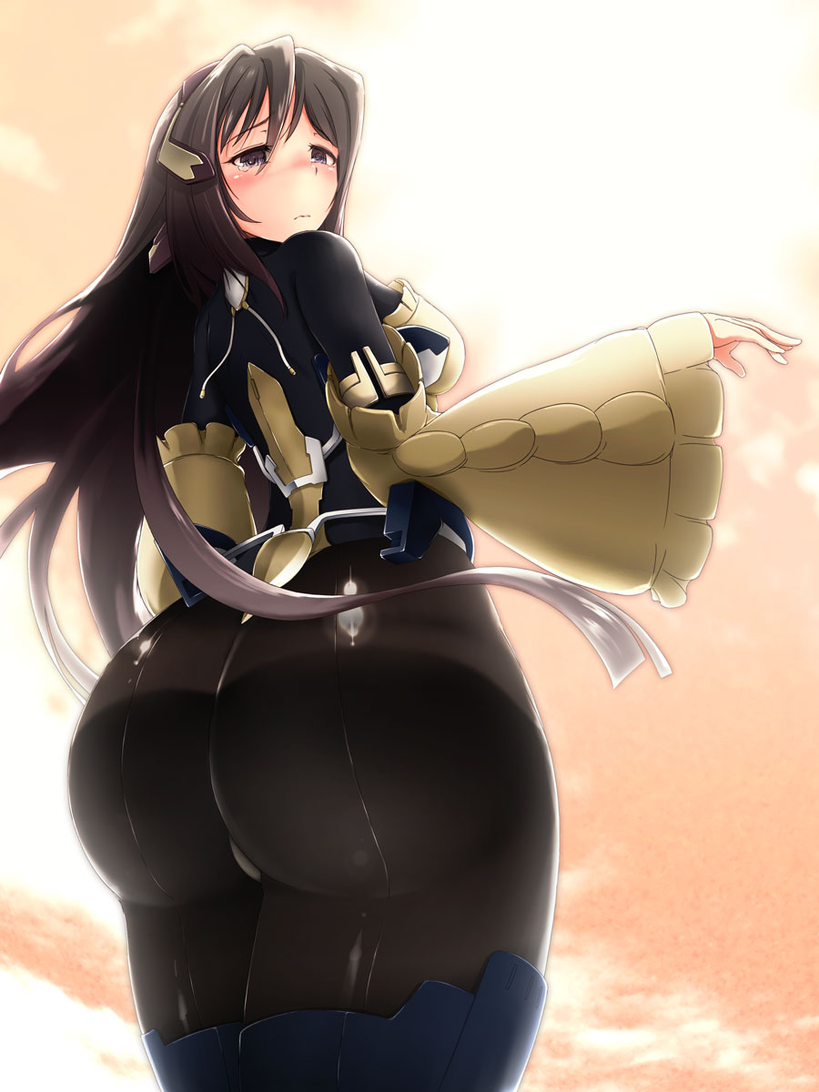 1girl apron artist_request ass black_hair blue_eyes blush bodysuit breasts female_focus from_behind gradient_hair headgear highres horizon_ariadust huge_ass kyoukaisenjou_no_horizon large_breasts long_hair long_sleeves looking_at_viewer medium_breasts multicolored_hair pantyhose shiny_clothes sideboob silver_hair solo tears thick_thighs thighhighs thighs thong very_long_hair wavy_mouth wide_hips