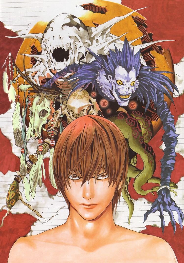 black_hair brown_hair death_note eyeball lips long_bangs male_focus multiple_boys obata_takeshi official_art ryuk shinigami skull straight-on teeth tentacles topless_male tsurime yagami_light
