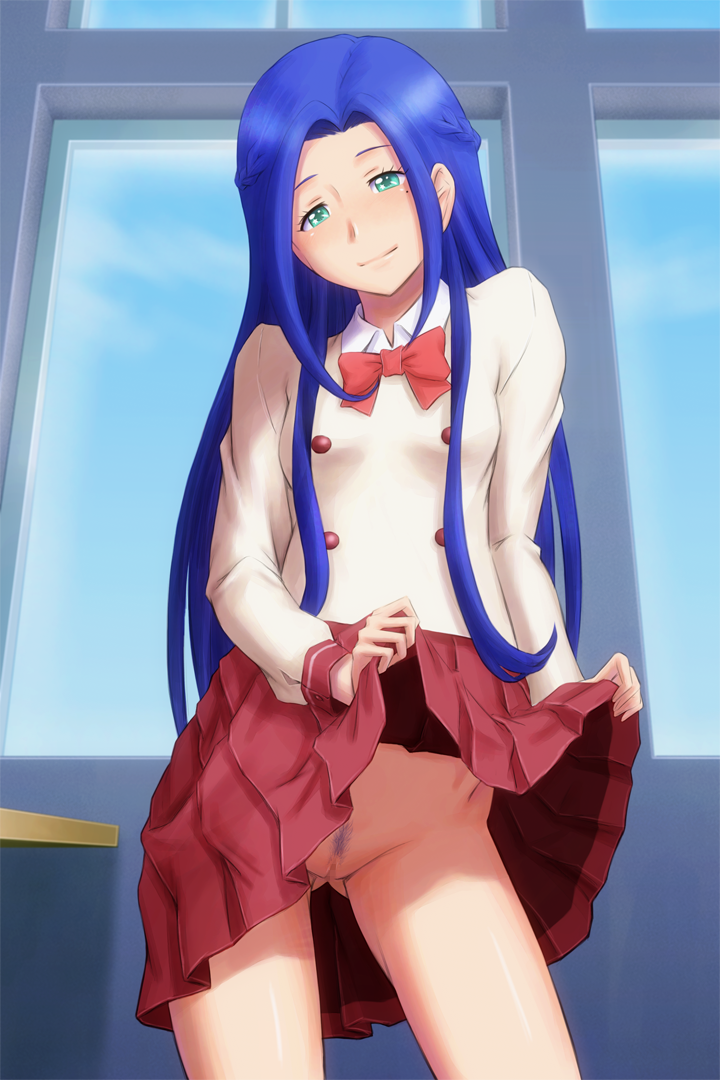 1girl blue_hair bonnie_(rsg) bow bowtie censored classroom closed_mouth clothes_lift collared_shirt cowboy_shot female_pubic_hair green_eyes hair_intakes head_tilt imai_kotoko indoors lifting_own_clothes long_hair long_sleeves mewkledreamy miniskirt mole mole_under_eye mosaic_censoring no_panties pleated_skirt pubic_hair pussy red_bow red_bowtie red_skirt shirt skirt skirt_lift smile solo sparse_pubic_hair standing very_long_hair white_shirt wing_collar