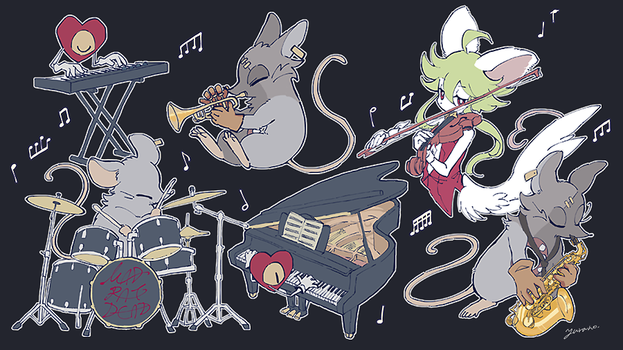 1girl 2boys ^_^ ahoge animal_ears black_background closed_eyes commentary_request dress drum drum_set drumsticks earclip feathered_wings green_hair heart_(mad_rat_dead) holding holding_drumsticks holding_instrument holding_saxophone holding_violin hole_in_chest hole_on_body instrument mad_rat_(mad_rat_dead) mad_rat_dead mouse_boy mouse_ears mouse_girl mouse_tail multiple_boys music musical_note one-eyed piano playing_instrument playing_piano rat_god_(mad_rat_dead) red_dress red_eyes saxophone sidelocks sitting sleeveless sleeveless_dress slit_pupils synthesizer tail trumpet violin white_wrist_cuffs wings wrist_cuffs yurano_(upao)