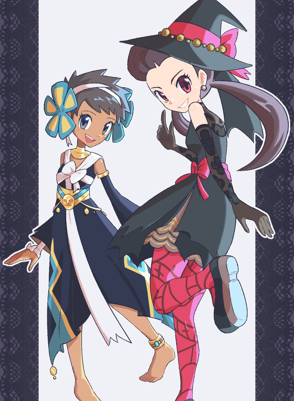 22z3r0 2girls anklet bare_shoulders barefoot black_dress blue_eyes brown_hair dark-skinned_female dark_skin detached_sleeves dress earrings flower hair_flower hair_ornament hat highres jewelry long_hair looking_at_viewer multiple_girls nintendo official_alternate_costume pantyhose phoebe_(fall_2023)_(pokemon) phoebe_(pokemon) pokemon pokemon_masters_ex purple_dress red_eyes roxanne_(fall_2023)_(pokemon) roxanne_(pokemon) short_hair smile teeth twintails witch_hat