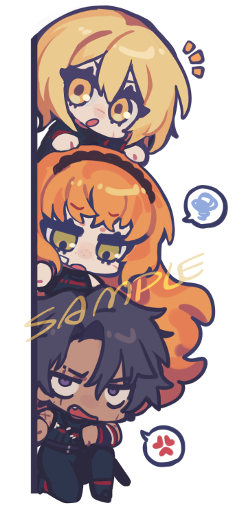 1boy 2girls anger_vein angry annoyed black_hair blonde_hair chibi dark-skinned_male dark_skin don_quixote_(project_moon) er_hea freckles green_eyes hands_on_another&#039;s_head heathcliff_(project_moon) ishmael_(project_moon) jitome limbus_company looking_at_another looking_at_viewer multiple_girls on_one_knee orange_hair pants peeking project_moon purple_eyes scar shi_association_south_uniform simple_background spoken_anger_vein spoken_squiggle squiggle white_background yellow_eyes