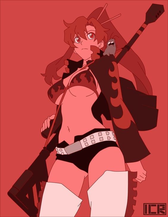 1girl belt bikini bikini_top_only black_shorts boota_(ttgl) breasts closed_mouth cosplay gurren-lagann gurren-lagann_(cosplay) hair_ornament hair_stick large_breasts long_hair navel red_hair short_shorts shorts swimsuit tengen_toppa_gurren_lagann thighhighs very_long_hair white_thighhighs yoko_littner