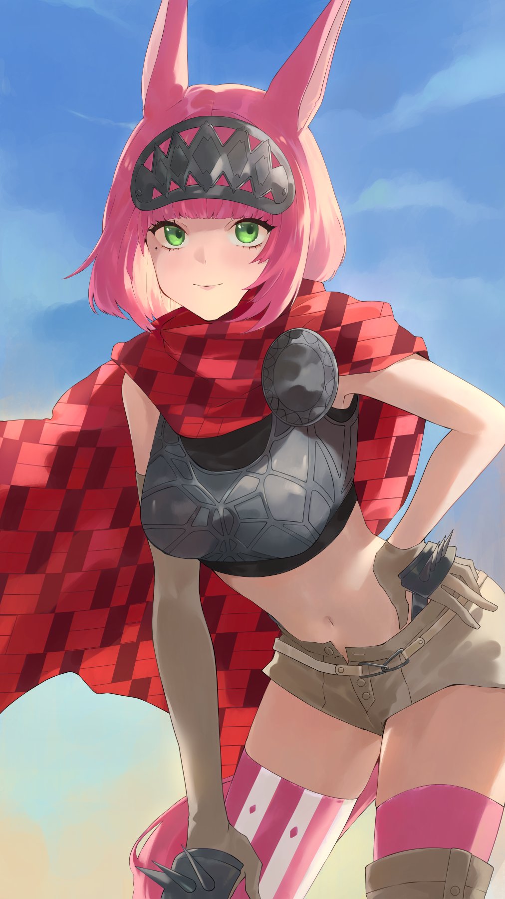 1girl animal_ears armor belt blue_sky breastplate cape catherina_(metaphor:_refantazio) closed_mouth cloud commentary_request elbow_gloves gloves green_eyes grey_belt grey_gloves grey_shorts hand_on_own_hip highres konchi_(63438789) looking_at_viewer metaphor:_refantazio midriff mole mole_under_eye navel outdoors pink_thighhighs plaid_cape plaid_clothes red_cape short_hair short_shorts shorts single_elbow_glove sky smile solo stomach thighhighs