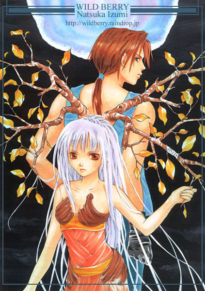 1990s_(style) 1boy 1girl back-to-back bad_id black_background black_gloves blue_eyes blue_pants blue_tank_top branch brown_hair clenched_hand commentary_request dress expressionless gloves grabbing_another&#039;s_wing hair_over_shoulder hair_tie hand_up inset_border izumi_natsuka long_hair looking_back low_ponytail night original outdoors pants plant_wings ponytail red_dress retro_artstyle tank_top traditional_media white_hair wings