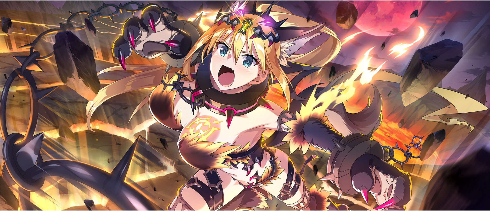 1girl animal_ear_fluff animal_ears animal_hands belt blonde_hair blue_eyes bracelet breast_tattoo breasts bustier chain circlet cleavage collar darkness_(konosuba) debris fang fur-trimmed_panties fur_trim game_cg hair_between_eyes highres incoming_attack jewelry kemonomimi_mode kono_subarashii_sekai_ni_shukufuku_wo! konosuba!_fantastic_days large_breasts lava long_hair looking_at_viewer metal_collar moon multiple_belts navel official_alternate_costume official_art open_mouth panties ponytail red_moon sidelocks skin_fang solo spiked_bracelet spiked_collar spikes tail tattoo thigh_belt thigh_strap underwear v-shaped_eyebrows very_long_hair