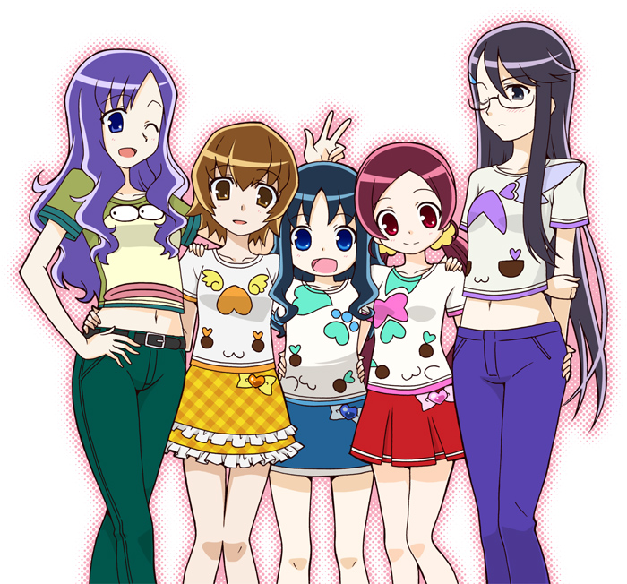 10s 5girls arm_behind_back belt blue_eyes blue_hair brown_eyes brown_hair chypre_(heartcatch_precure!) coffret_(heartcatch_precure!) cologne_(heartcatch_precure!) coupe_(heartcatch_precure!) frown glasses hair_ornament hairpin halftone hanasaki_tsubomi hand_on_own_hip happy heart heartcatch_precure! hip_focus kurumi_erika kurumi_momoka long_hair midriff multiple_girls myoudouin_itsuki navel one_eye_closed pants potpourri_(heartcatch_precure!) precure purple_hair red_hair ribbon shirt short_hair sidelocks simple_background skirt smile tsukikage_yuri twintails v wink yuuma_(artist) yuuma_(skirthike)