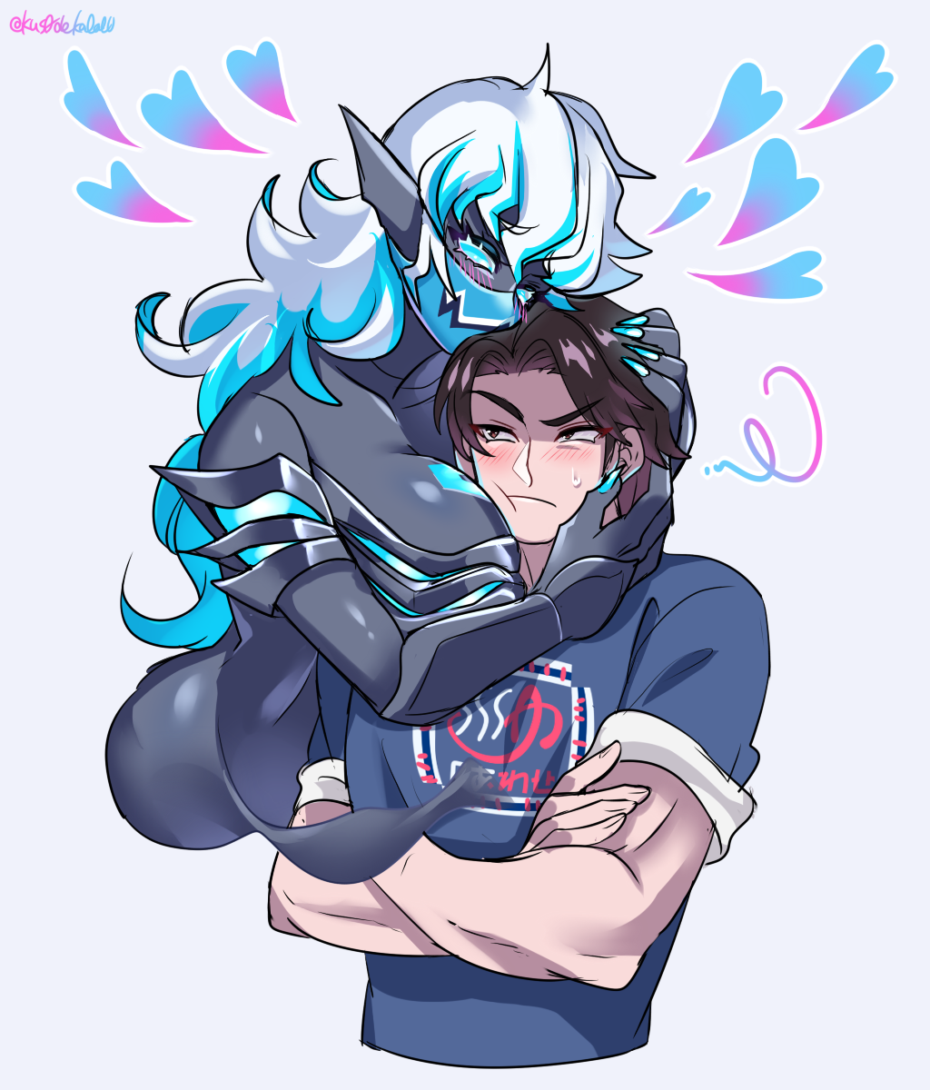 1boy 1girl :t annoyed between_breasts black_skin blue_eyes blue_nails blush breasts brown_hair cocked_eyebrow colored_skin demon_girl genderswap genderswap_(mtf) happy_spa heart highres hug igarashi_ikki kamen_rider kamen_rider_revice kus0dekababu large_breasts long_hair mask mouth_mask nail_polish shirt short_hair spirit t-shirt vice_(kamen_rider_revice) white_background white_hair
