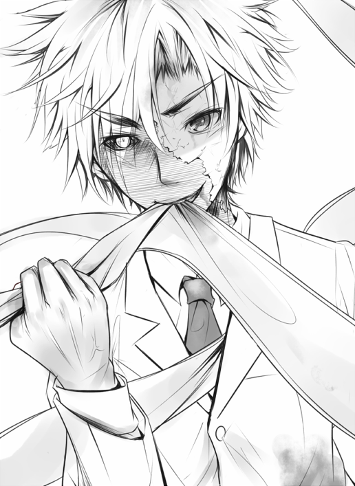 1boy black_sclera collared_shirt colored_sclera colored_skin commentary_request crack cracked_skin dark-skinned_male dark_skin etzali greyscale grin hair_over_one_eye hand_up heterochromia holding jacket long_bangs long_sleeves looking_at_viewer monochrome multicolored_skin necktie shin_(highest1192) shirt short_hair smile solo toaru_majutsu_no_index unabara_mitsuki v-shaped_eyebrows