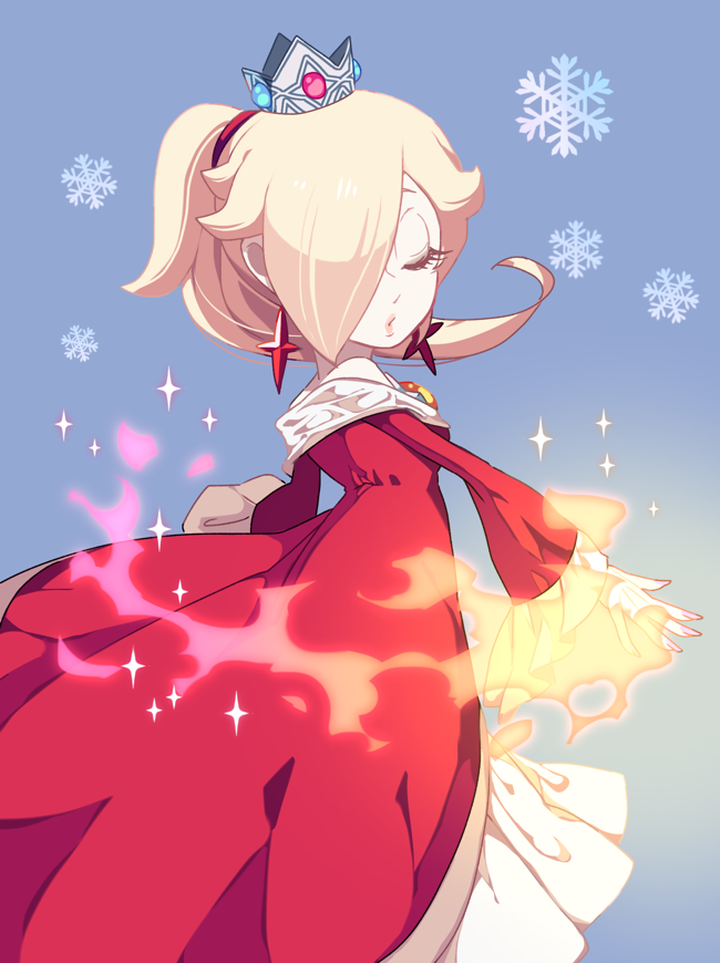 1girl bare_shoulders blonde_hair blue_background brooch closed_eyes crown dress earrings fire fire_rosalina hair_over_one_eye high_ponytail hoshikuzu_pan jewelry mario_(series) nintendo off_shoulder ponytail pursed_lips pyrokinesis red_dress rosalina snowflakes solo super_mario_3d_world