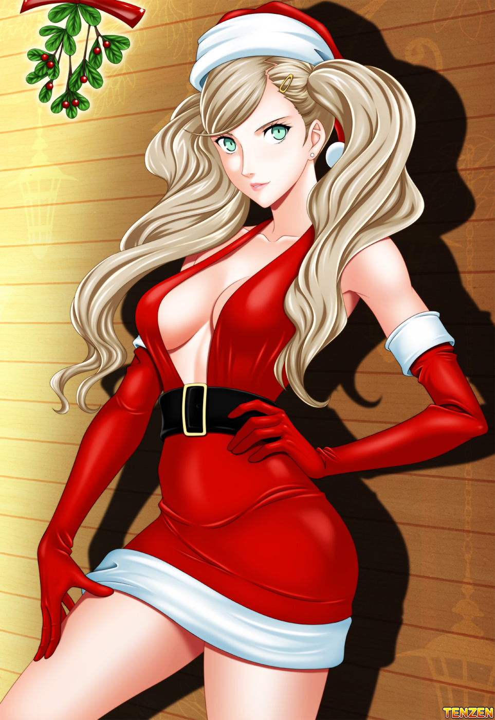 1girl artist_name belt belt_buckle black_belt blonde_hair breasts buckle christmas cleavage collarbone commentary dress earrings elbow_gloves english_commentary female_focus gloves green_eyes hair_ornament hairclip hand_on_own_hip hand_on_thigh hat highres jewelry long_hair looking_at_viewer medium_breasts mistletoe persona persona_5 red_dress red_gloves santa_costume santa_hat shiny_clothes sleeveless solo standing swept_bangs takamaki_anne tenzen_(netspike) twintails underboob wooden_wall