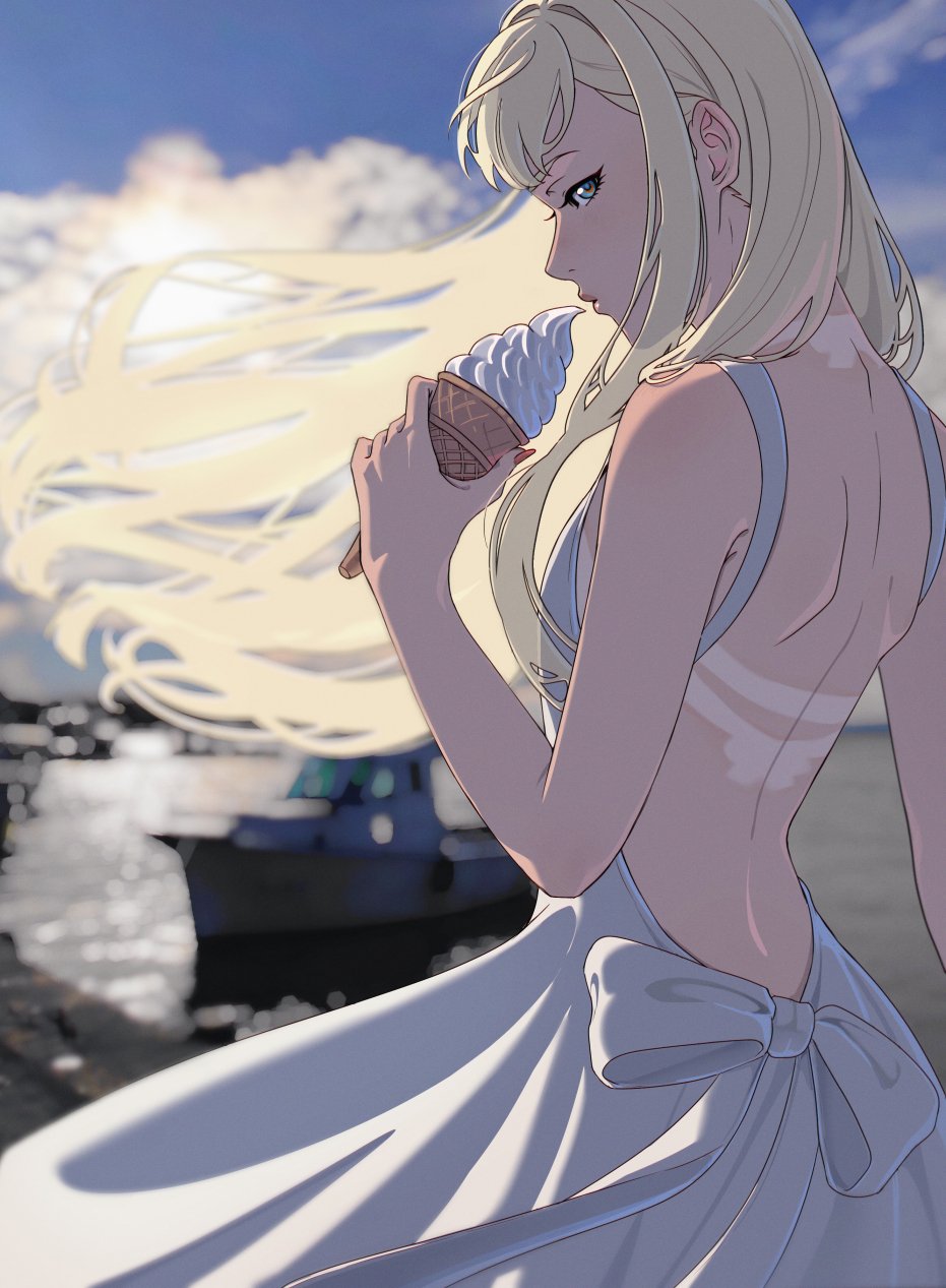 1girl back backless_dress backless_outfit bare_shoulders blonde_hair blue_eyes blurry blurry_background boat closed_mouth cloud day dress enelous floating_hair food from_behind gigi_andalusia gundam gundam_hathaway&#039;s_flash highres holding holding_ice_cream_cone ice_cream ice_cream_cone long_hair looking_at_viewer looking_to_the_side outdoors photo_background profile shoulder_blades sideways_glance sky sleeveless sleeveless_dress solo tan tanline water watercraft white_dress