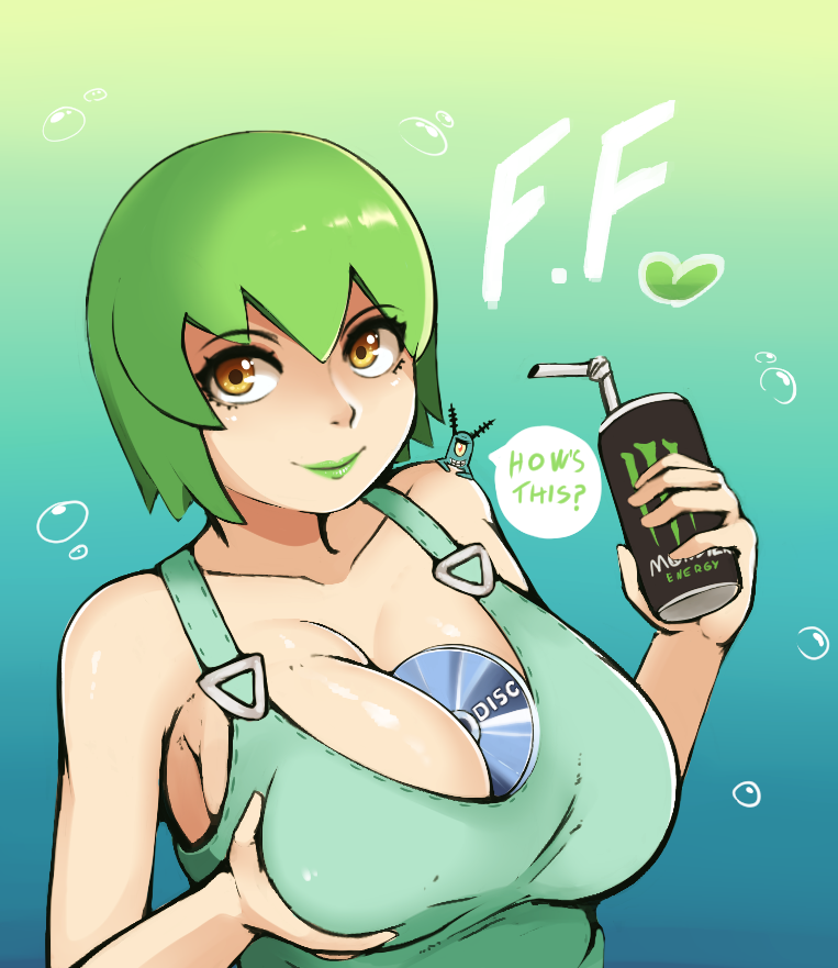 1boy 1girl alice_yagami between_breasts breast_hold breasts brown_eyes bubble can cleavage drinking_straw foo_fighters_(jojo) gradient_background green_lips green_overalls holding holding_can jojo_no_kimyou_na_bouken large_breasts looking_at_viewer monster_energy overalls plankton_(spongebob) smile solo_focus speech_bubble spongebob_squarepants_(series) stone_ocean trait_connection upper_body