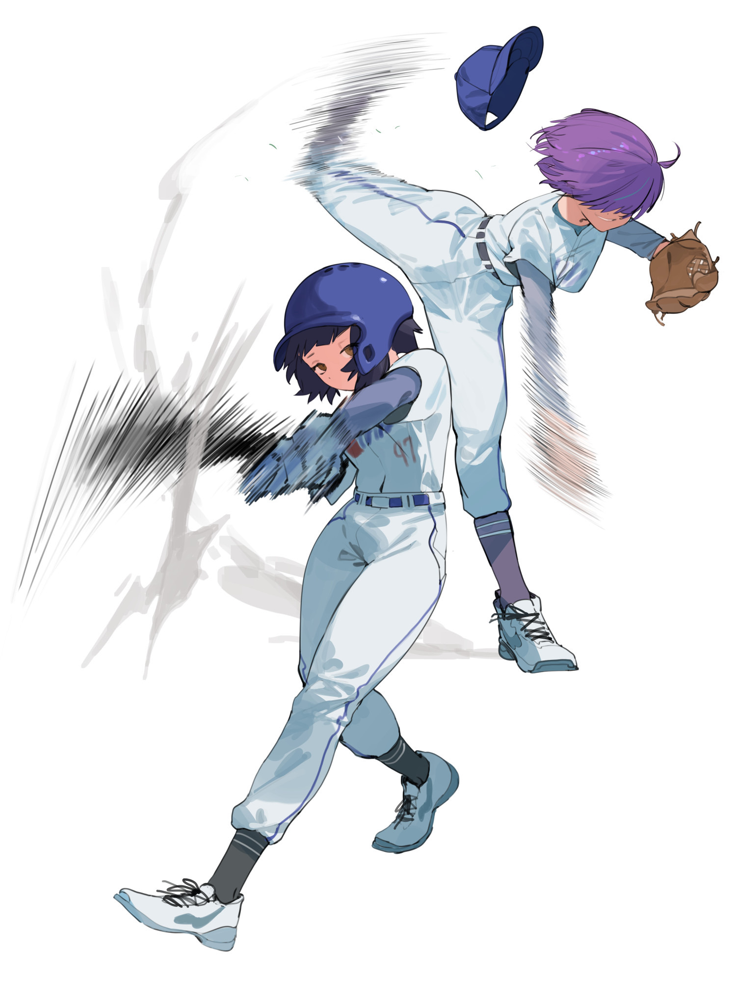 alice_(raneblu) baseball_cap baseball_glove baseball_helmet baseball_uniform belt black_hair breasts grey_shirt grey_socks grin hair_over_eyes hat helmet highres long_hair looking_at_viewer mara_(raneblu) motion_blur motion_lines multiple_views original pants pitching purple_hair raneblu shirt shoes short_hair small_breasts smile sneakers socks speed_lines sportswear standing standing_on_one_leg swinging_baseball_bat white_background white_pants white_shirt yellow_eyes