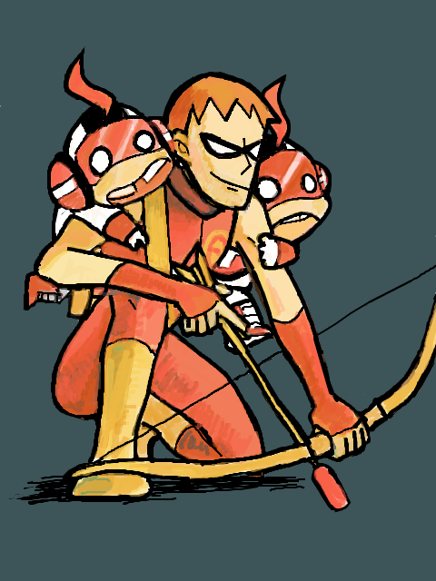 3boys arrow_(projectile) bodysuit bow_(weapon) brothers cartoon_network dc_comics domino_mask male_focus mas_(dc) mask menos_(dc) multiple_boys orange_hair roy_harper siblings sleeveless speedy teen_titans twins weapon