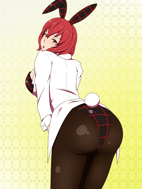 1girl ass blush bra breasts female_focus from_behind horikawa_raiko jacket lactone large_breasts looking_at_viewer looking_back open_mouth panties panties_over_pantyhose pantyhose parted_lips rabbit_ears rabbit_tail red_eyes red_hair short_hair sideboob solo tail touhou underwear