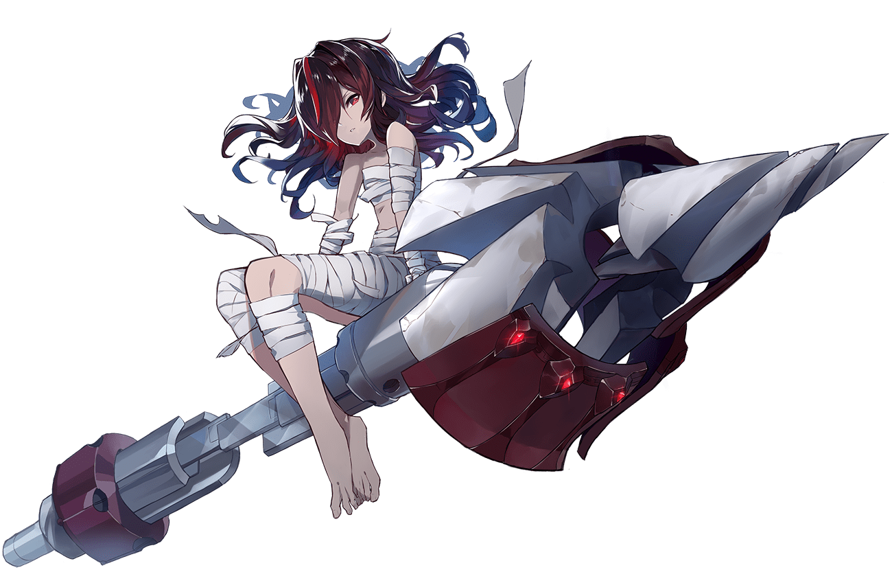 1girl ares_(ark_order) ark_order bandages bare_shoulders black_hair colored_skin expressionless facial_mark forehead forehead_mark full_body grey_skin hair_over_one_eye kzhu long_hair looking_at_viewer multicolored_hair official_art parted_lips red_eyes riding sidelocks sitting skinny solo streaked_hair tachi-e teeth transparent_background
