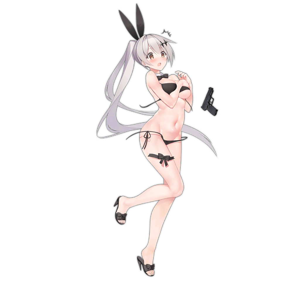 1girl ^^^ bare_legs bikini black_bikini black_sandals blush bow bowtie breasts brown_eyes cleavage covering_breasts covering_privates damaged detached_collar feet five-seven_(cruise_queen)_(girls&#039;_frontline) five-seven_(girls&#039;_frontline) fn_five-seven full_body girls&#039;_frontline grey_hair gun hair_ribbon handgun high_heels large_breasts leg_ribbon navel official_alternate_costume official_art pdw-caliber_pistol ponytail ribbon sandals side-tie_bikini_bottom solo standing standing_on_one_leg suisai_(suisao) swimsuit tears thigh_ribbon toes transparent_background untied_bikini wardrobe_malfunction weapon