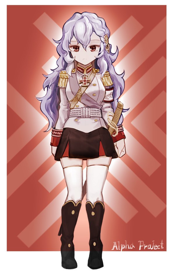1girl aiguillette alpha_(alpha_1918) armband artist_request belt belt_buckle black_boots boots buckle buttons character_name collar cross cross_pendant epaulettes expressionless fluffy fluffy_hair gloves gold_buttons gold_trim hair_ornament layered_skirt lips long_hair looking_at_viewer military military_uniform official_art original red_cross red_eyes russian_empire saber_(weapon) sash scabbard sheath skirt solo sputnik_and_pogrom sticker sword thigh_gap thighhighs thighs translation_request transparent transparent_background very_long_hair weapon white_armband white_belt white_gloves white_hair white_thighhighs zettai_ryouiki