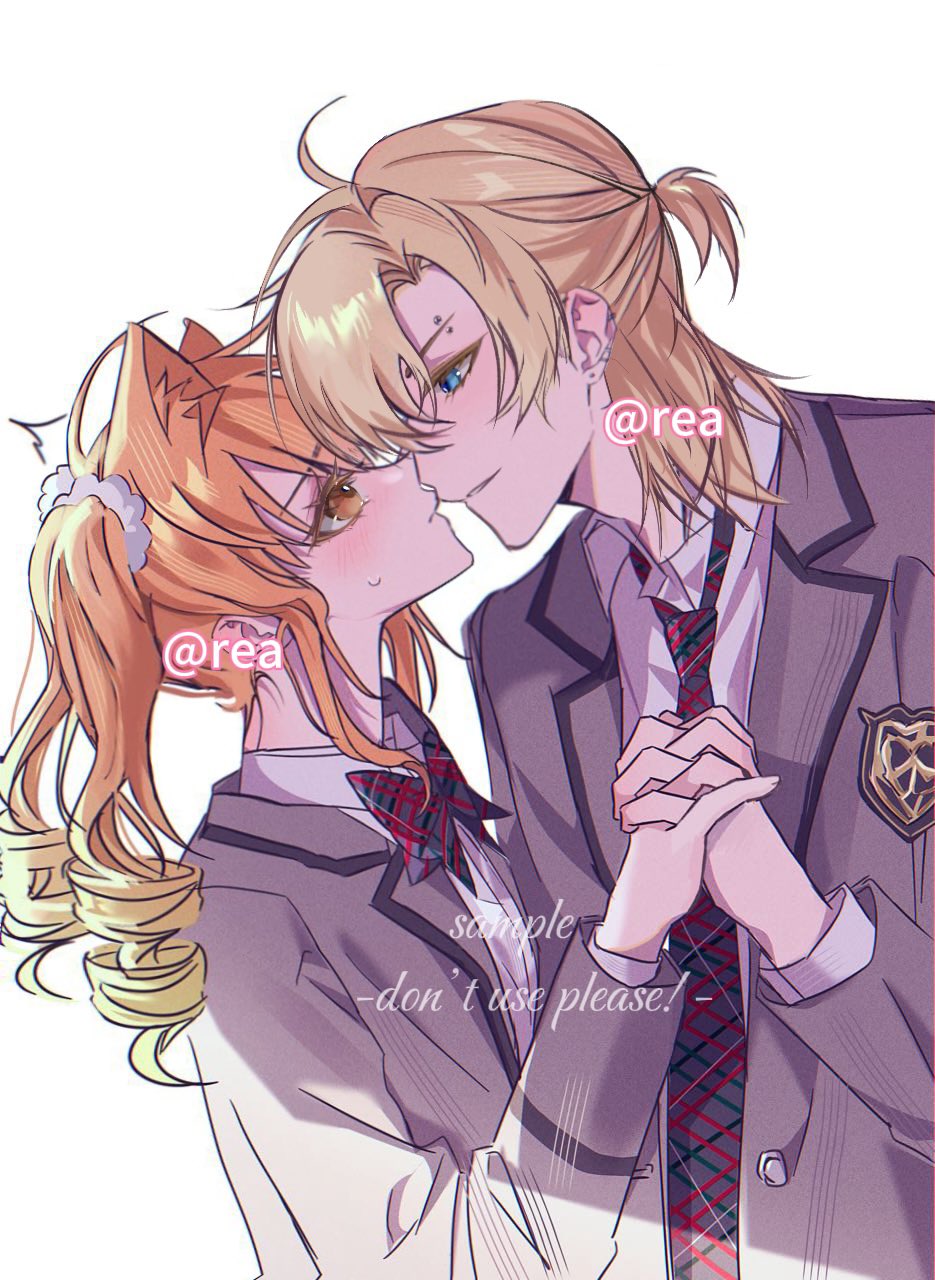 1boy 1girl animal_ears artist_name blonde_hair blue_eyes bow bowtie cat_ears collared_shirt degrees_of_lewdity english_text eyebrow_piercing gradient_hair green_hair grey_jacket highres interlocked_fingers jacket long_hair looking_at_viewer multicolored_hair necktie orange_eyes orange_hair piercing player_character_(degrees_of_lewdity) player_character_(female)_(degrees_of_lewdity) print_bow print_bowtie print_necktie rea_azerra ringlets shirt simple_background two-tone_hair upper_body watermark white_background white_shirt whitney_(degrees_of_lewdity) whitney_(male)_(degrees_of_lewdity)