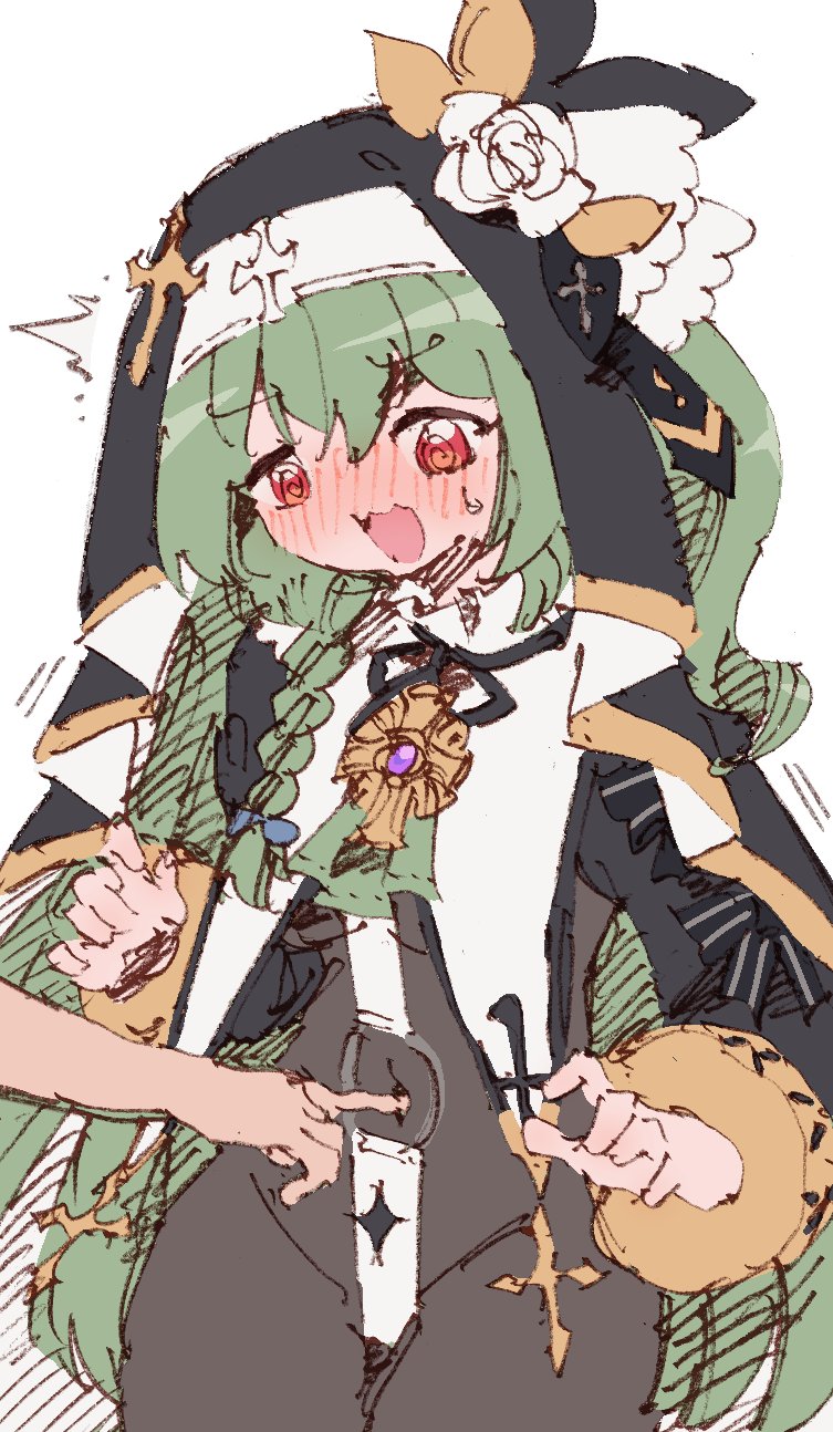 1girl @_@ ^^^ blush bodystocking borrowed_character braid cross fang flower green_hair hand_on_another&#039;s_stomach highres huanxiang_koudai_meow jewelry long_hair long_sleeves navel nose_blush nun o-ring open_mouth original out_of_frame red_eyes rune_(dualhart) second-party_source shy side_braid simple_background sketch solo surprised sweat trembling veil virtual_youtuber wavy_mouth white_background white_flower