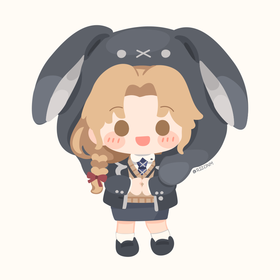 1girl animal_hood bad_id bad_twitter_id black_footwear black_jacket black_skirt blazer blonde_hair blush blush_stickers brown_eyes brown_vest chibi chibi_only commentary_request full_body hood jacket looking_at_viewer nijisanji official_alternate_costume open_mouth pencil_skirt rabbit_hood rizu_(rizunm) simple_background sister_claire sister_claire_(8th_costume) skirt socks solo sweater_vest twitter_username vest virtual_youtuber white_background white_socks