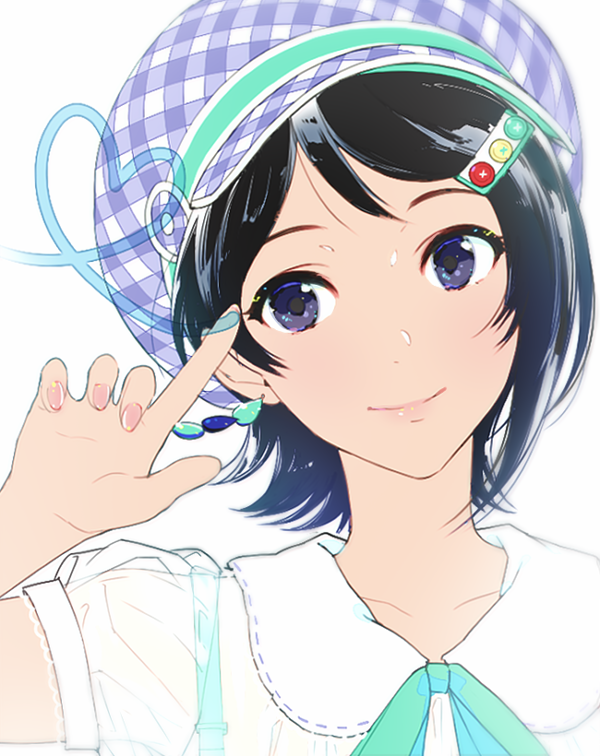 1girl blue_eyes blue_hair closed_mouth collarbone egawa_satsuki green_ribbon hair_ornament hairclip hand_up hat heart idolmaster idolmaster_dearly_stars index_finger_raised looking_at_viewer mizutani_eri nail_polish neck_ribbon pink_nails plaid_clothes plaid_headwear portrait purple_hat ribbon shirt short_hair short_sleeves simple_background smile solo white_background white_shirt