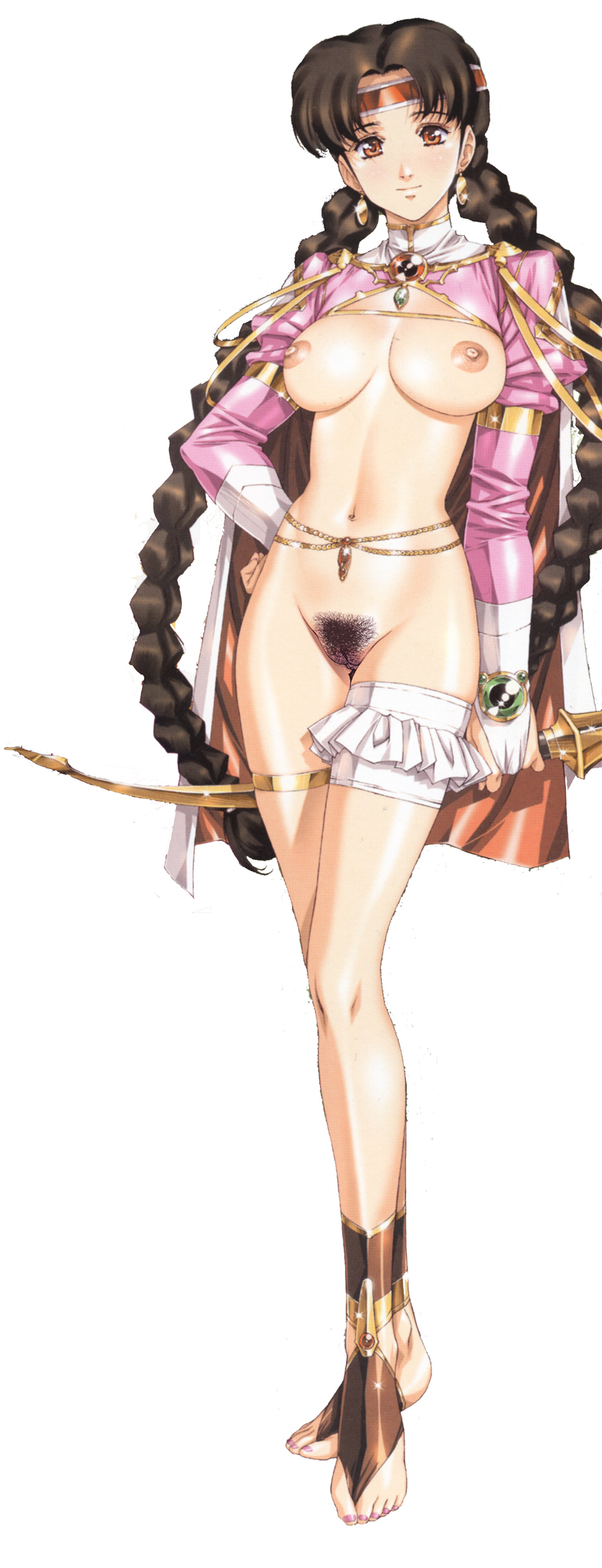 うるし原智志 バルバレスの娘 エロ urushihara satoshi, highres, third-party edit, 1girl, bow (weapon),  breasts, cape, female focus, female pubic hair, full body, nipples, pubic  hair, pussy, revealing clothes, simple background, solo, twintails,  uncensored, weapon, white background -