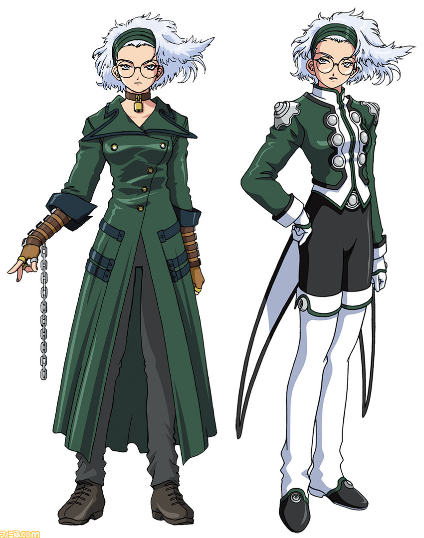 2girls aqua_eyes arm_at_side artist_request belt belt_buckle black_pants boots breasts brown_belt brown_choker brown_footwear brown_gloves buckle buttons chain choker closed_mouth coat coattails collar collarbone collared_coat collared_jacket double-breasted dual_persona famitsu fingerless_gloves frown glasses glove_belt gloves green_coat green_collar green_hairband green_jacket green_sleeve_cuffs green_sleeves grey_pants hairband hand_on_own_hip jacket legs_apart lobelia_carlini lock looking_at_viewer mature_female medium_breasts messy_hair military_uniform multiple_girls narrowed_eyes official_art padlock padlocked_choker pants rimless_eyewear round_eyewear sakura_taisen sakura_taisen_iii second-party_source sega simple_background skinny sleeve_cuffs three-quarter_sleeves solo_focus standing tachi-e tall_female thigh_boots trench_coat watermark white_background white_footwear white_gloves white_hair white_sleeve_cuffs