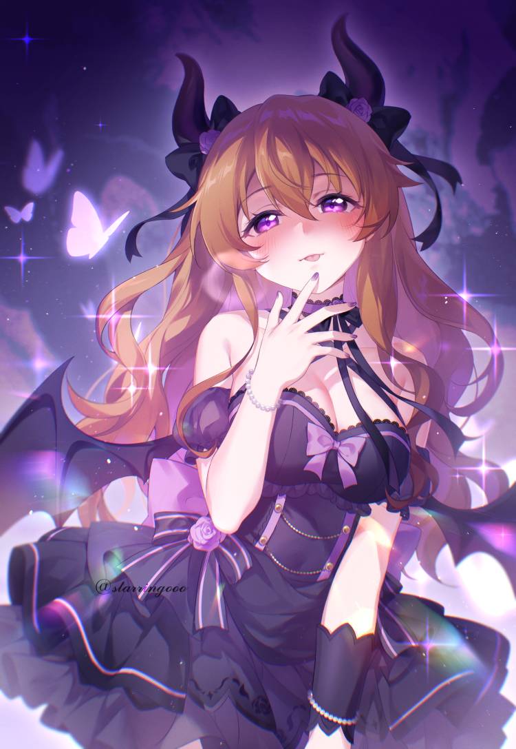 1girl :p alternate_costume bare_shoulders bat_wings black_dress black_horns black_wings blush breasts brown_hair cleavage closed_mouth commentary cowboy_shot criss-cross_halter demon_girl demon_horns demon_wings dress english_commentary hair_between_eyes halter_dress halterneck horns konoe_kanata large_breasts long_hair looking_at_viewer love_live! love_live!_nijigasaki_high_school_idol_club off-shoulder_dress off_shoulder purple_background purple_eyes short_dress smile solo starringooo tongue tongue_out very_long_hair wavy_hair wings