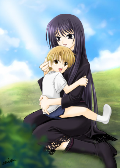 1boy 1girl blonde_hair blue_eyes blue_hair boots brown_eyes child day dress ever_17 grass hokuto_(ever_17) hug komachi_tsugumi long_hair min outdoors shorts signature sitting sitting_on_lap sitting_on_person smile socks