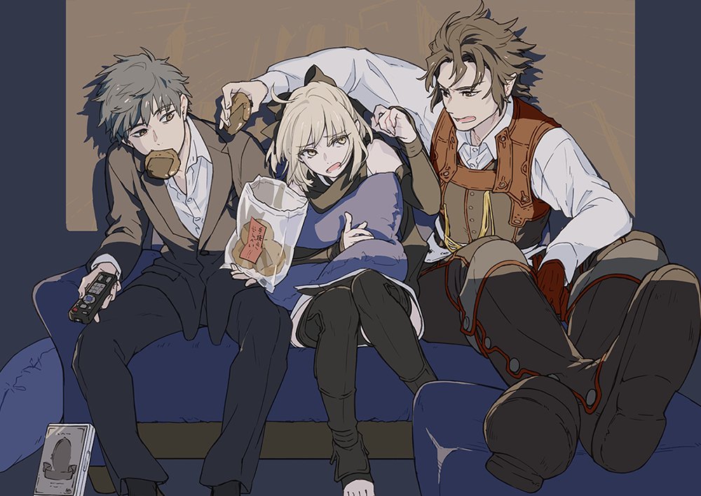 1girl 2boys ahoge boots controller couch crossed_legs dvd_case fate/grand_order fate_(series) food food_in_mouth formal_clothes hijikata_toshizou_(fate) isshoku_(shiki) multiple_boys hugging_object okita_souji_(fate) okita_souji_(koha-ace) pillow pillow_hug remote_control saitou_hajime_(fate) scarf senbei sitting suit toeless_legwear watching_television