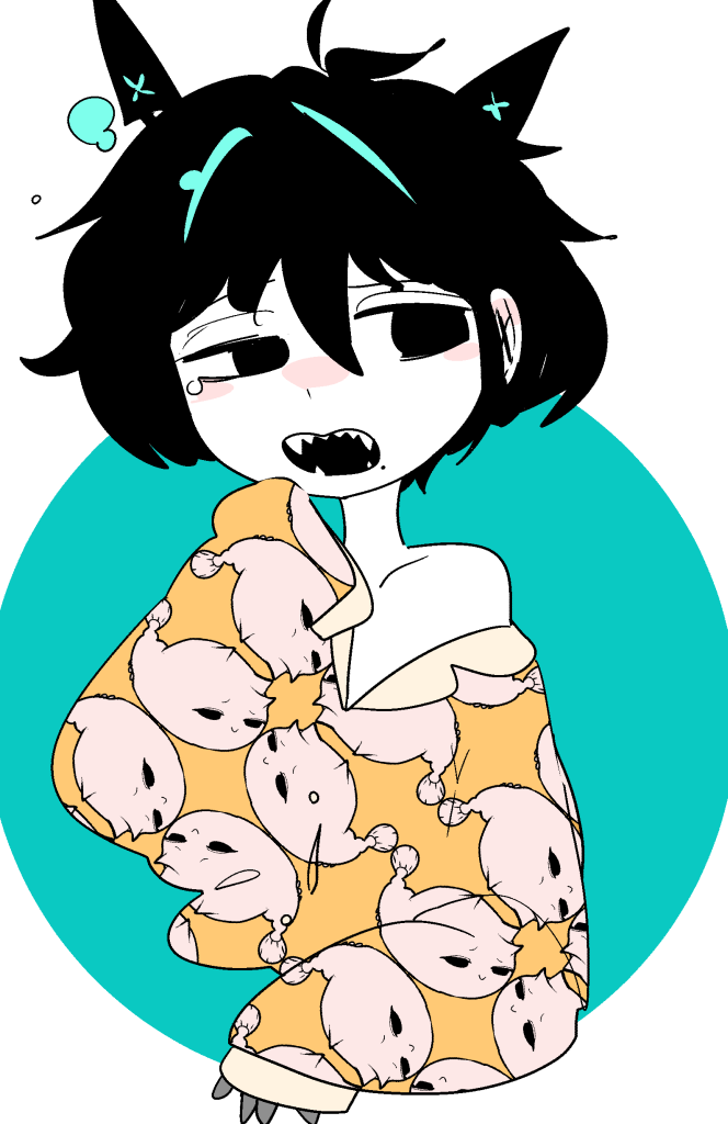 1girl animal_ears black_eyes black_hair cat_ears colored_skin idkuroi kokubunji_suou long_sleeves mechanical_ears messy_hair mole mole_under_mouth off_shoulder open_mouth original pajamas sharp_teeth short_hair single_bare_shoulder solo tears teeth unmoving_pattern upper_body white_skin