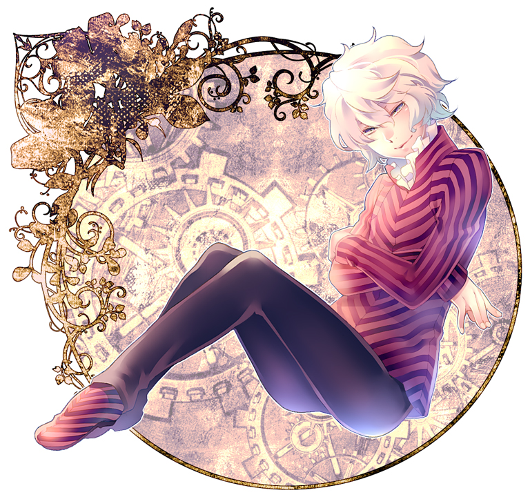 10s 1boy bad_id bad_pixiv_id devil_survivor_(series) devil_survivor_2 male_focus melancholy_man shirt short_hair sitting smile solo tatsuji white_eyes white_hair