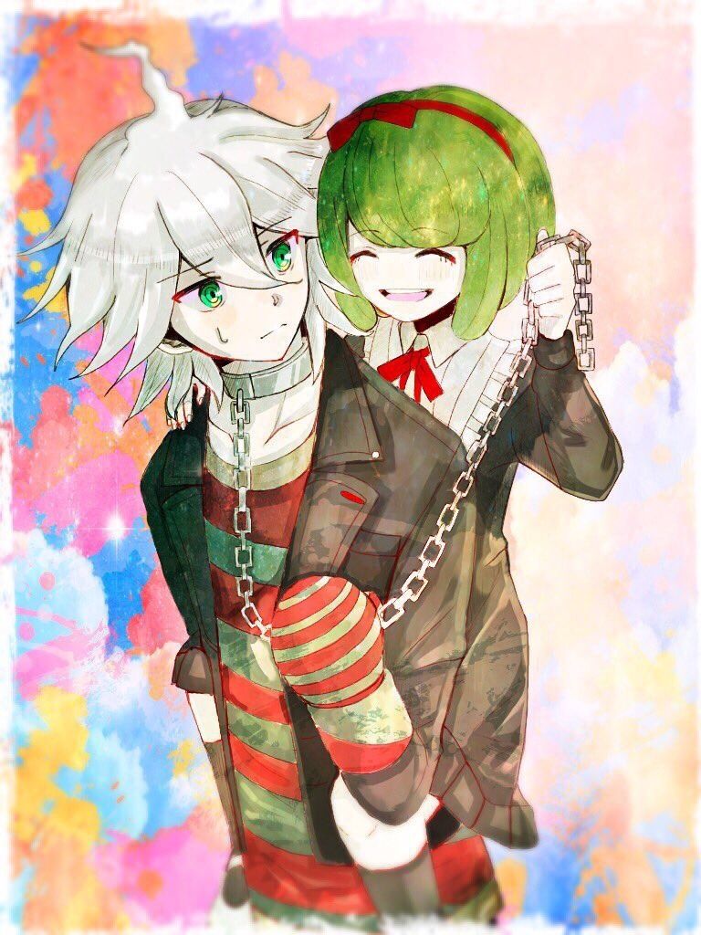 1boy 1girl age_difference ahoge arm_up awkward black_coat black_jacket bow calf_socks carrying carrying_person chain child closed_eyes coat collar collarbone colorful danganronpa_(series) danganronpa_another_episode:_ultra_despair_girls frown green_eyes green_hair green_stripes hair_ribbon hairband hand_up headband headwear_request holding holding_leash jacket knees knees_up komaeda_nagito leaning_forward leash long_hair looking_at_another mary_janes matching_hair/eyes messy_hair metal_collar mittens multicolored_background nail_polish neck_ribbon open_mouth pants piggyback pocket pointing red_background red_bow red_hairband red_headband red_headwear red_ribbon red_stripes ribbon servant_(danganronpa) shirt shoes simple_background sitting smile striped_clothes striped_shirt sweat sweatdrop teeth thighs tongue towa_monaca upper_teeth_only white_hair zipper