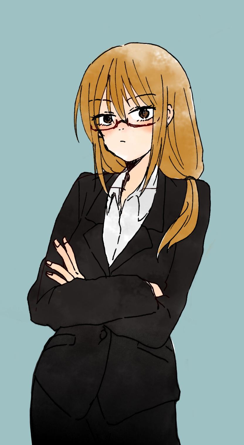 1girl blonde_hair crossed_arms female_focus formal_clothes gintama glasses highres long_hair mutsu_(gintama) simple_background solo suit