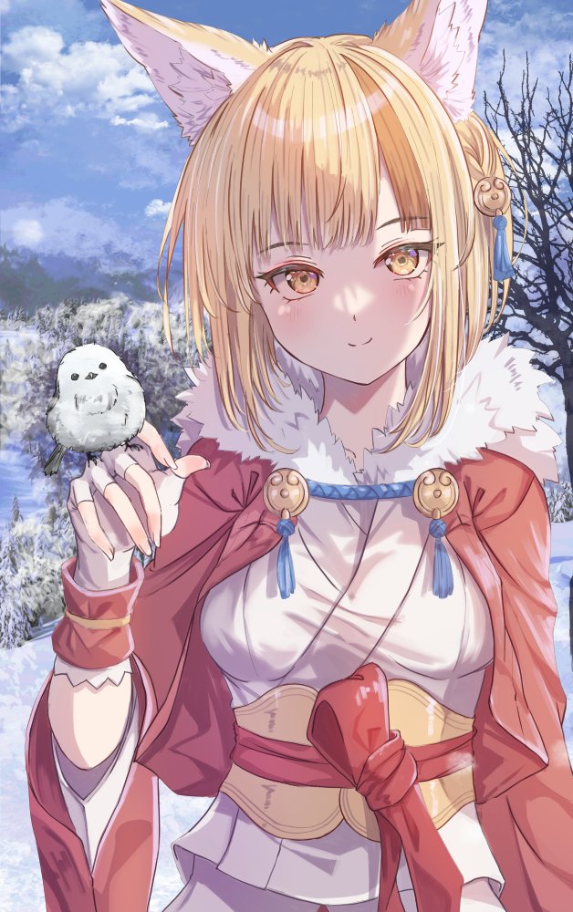 1girl animal_ears bird bird_on_hand breasts fire_emblem fire_emblem_fates forest fox_ears fox_girl fur-trimmed_jacket fur-trimmed_kimono fur_trim fuussu_(21-kazin) gloves hair_ornament jacket japanese_clothes kimono kitsune looking_at_viewer multicolored_hair nature nintendo partially_fingerless_gloves red_sash rope sash selkie_(fire_emblem) small_breasts smile snow solo streaked_hair two-tone_hair yellow_eyes