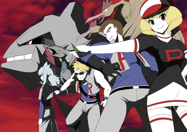 1girl 3boys attila_(pokemon) bare_shoulders belt_buckle beret black_eyes black_gloves blonde_hair brown_hair buckle domino_(pokemon) drill_hair elbow_gloves fearow flower gen_1_pokemon gen_2_pokemon gloves grey_pants hand_up hat holding holding_flower hun_(pokemon) long_hair long_sleeves looking_at_viewer male_focus multiple_boys nintendo open_clothes open_vest pants poke_ball pokemon pokemon_(anime) pokemon_(classic_anime) pokemon_(creature) red_background red_eyes short_hair silver_hair skarmory skirt sleeveless smile steelix sunglasses team_rocket team_rocket_uniform thighhighs tulip twintails tyson_(pokemon_ep235) vest white_thighhighs wristband