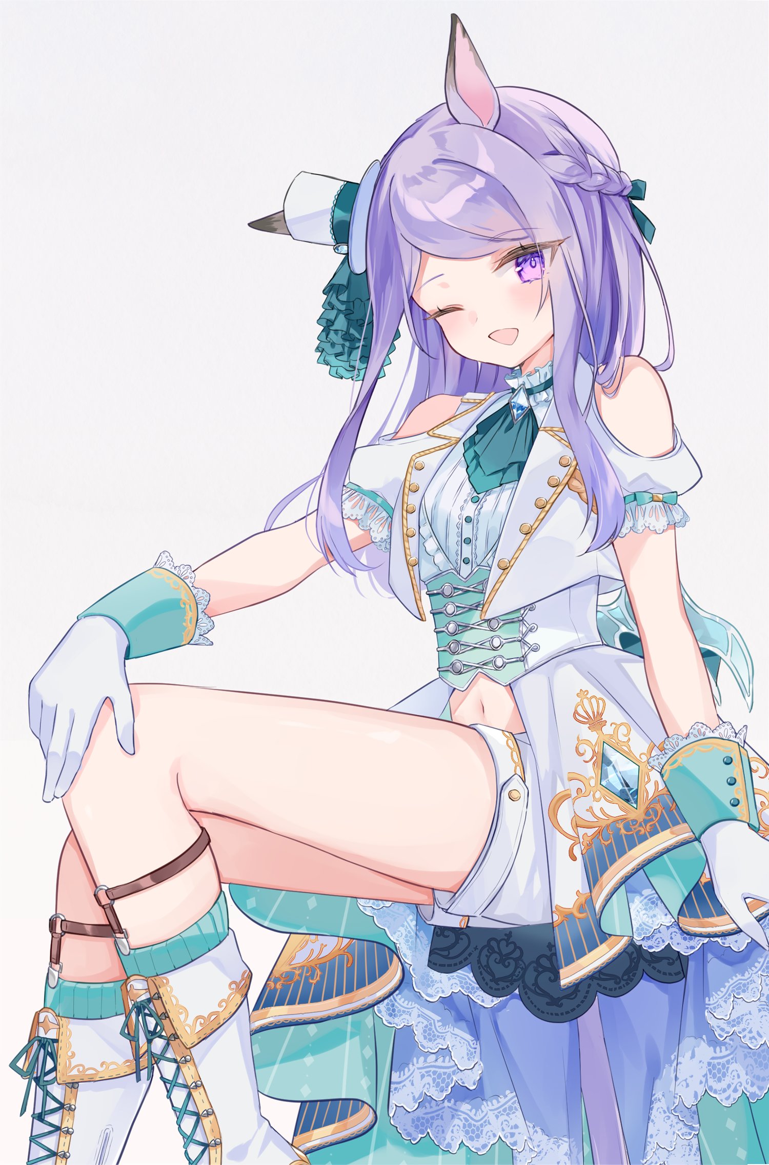 1girl ;d animal_ears clothing_cutout gloves grey_background hat highres horse_ears horse_girl long_hair looking_at_viewer mejiro_mcqueen_(end_of_sky)_(umamusume) mejiro_mcqueen_(umamusume) mini_hat mini_top_hat moko_(mokochisa) navel official_alternate_costume one_eye_closed open_mouth purple_eyes purple_hair short_sleeves shoulder_cutout simple_background sitting smile solo swept_bangs top_hat umamusume white_gloves white_hat