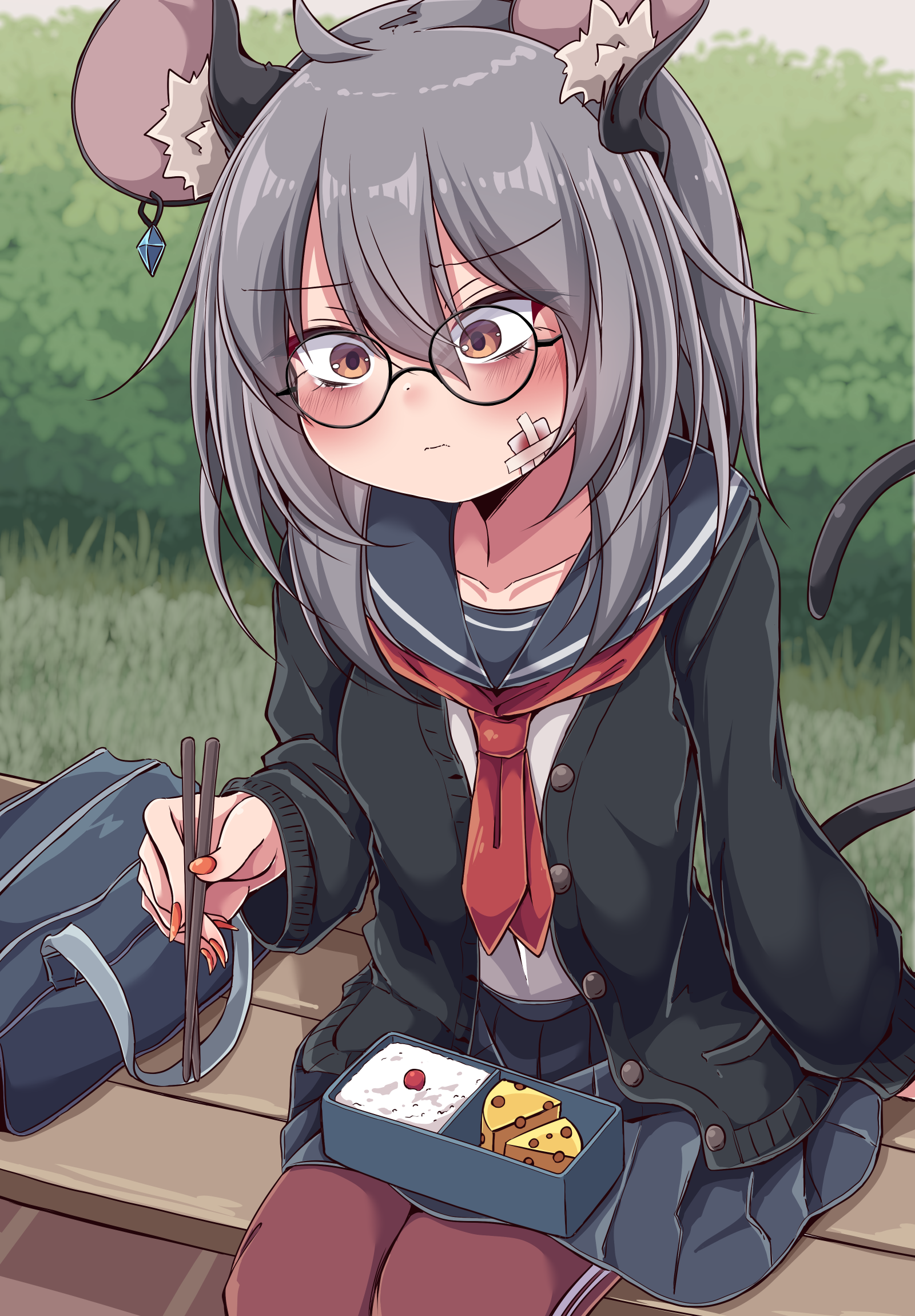 1girl alternate_costume animal_ears arm_at_side bag bandaid bandaid_on_cheek bandaid_on_face bench bento bespectacled blurry blurry_background blush buttons cardigan casual cheese chopsticks closed_mouth contemporary day double-parted_bangs earrings fingernails food furrowed_brow glasses hair_between_eyes highres holding holding_chopsticks jewelry long_fingernails long_sleeves miniskirt mouse_ears mouse_girl mouse_tail nazrin on_bench open_cardigan open_clothes outdoors pants pants_under_skirt red_nails rice sailor_collar school_uniform serafuku shirt single_earring sitting siw0n skirt solo tail textless_version touhou track_pants unbuttoned