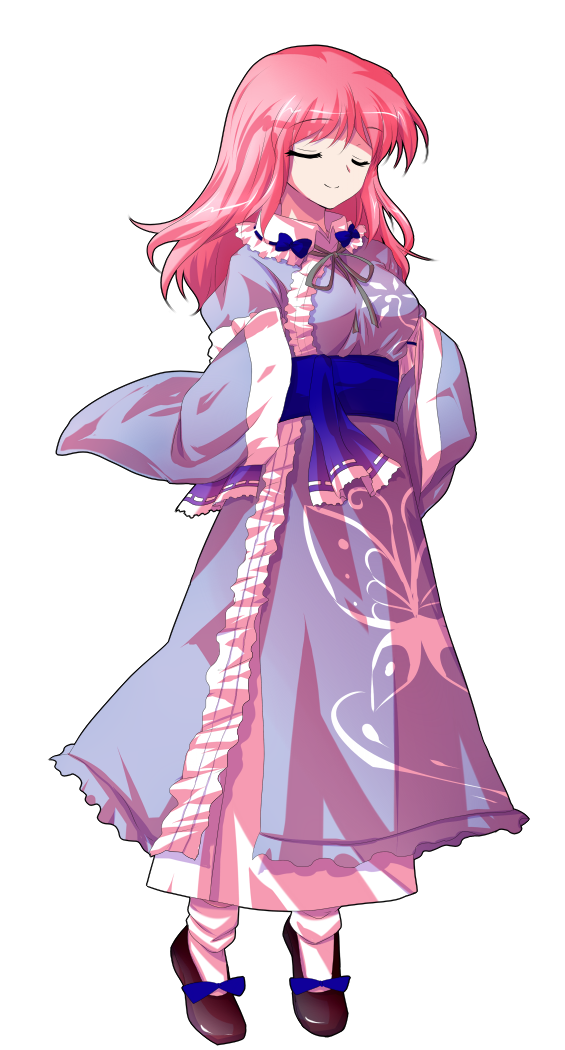 1girl alphes_(style) blue_bow blue_sash bow breasts butterfly_print_kimono closed_eyes closed_mouth commentary_request dairi frills full_body japanese_clothes large_variant_set long_hair long_sleeves medium_breasts parody saigyouji_yuyuko sash shoes smile solo standing style_parody tachi-e touhou transparent_background variant_set wide_sleeves wink_hair