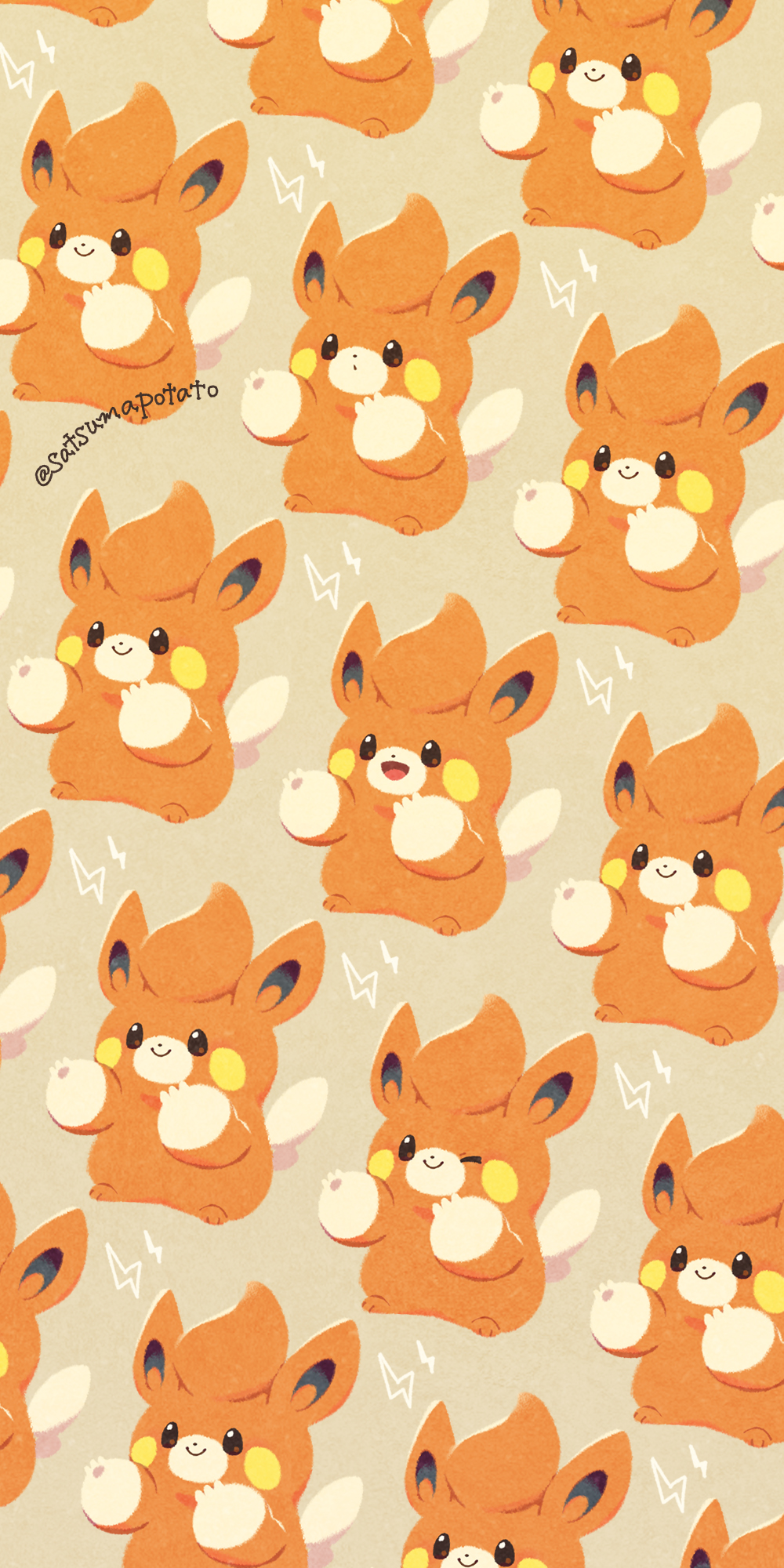 animal_focus brown_eyes dot_nose highres light_brown_background lightning_bolt_symbol marking_on_cheek nintendo no_humans one_eye_closed open_mouth orange_fur pawmot pokemon pokemon_(creature) satsumapotato simple_background smile