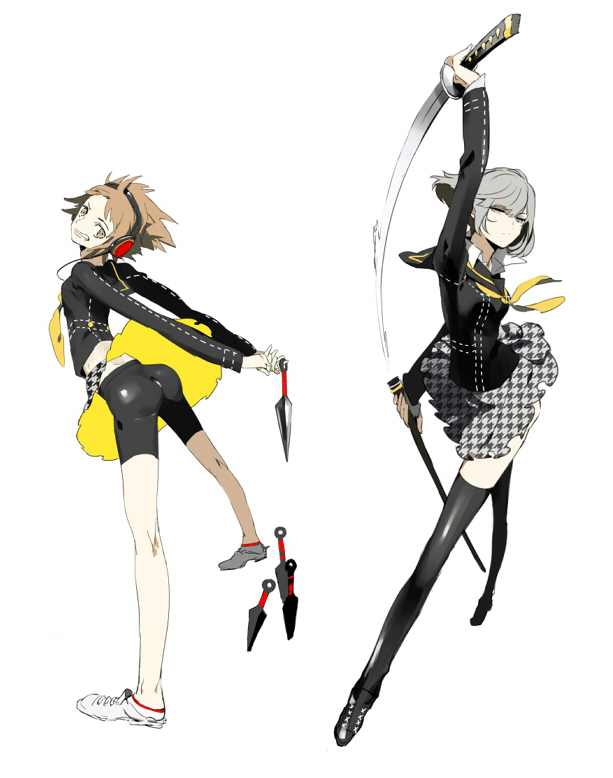 2girls ass atlus bad_id bad_pixiv_id bike_shorts black_legwear brown_eyes brown_hair genderswap genderswap_(mtf) grey_eyes grey_hair grin hanamura_yousuke katana kunai multiple_girls narukami_yu neckerchief persona persona_4 serori sheath short_hair skirt smile sword thighhighs weapon