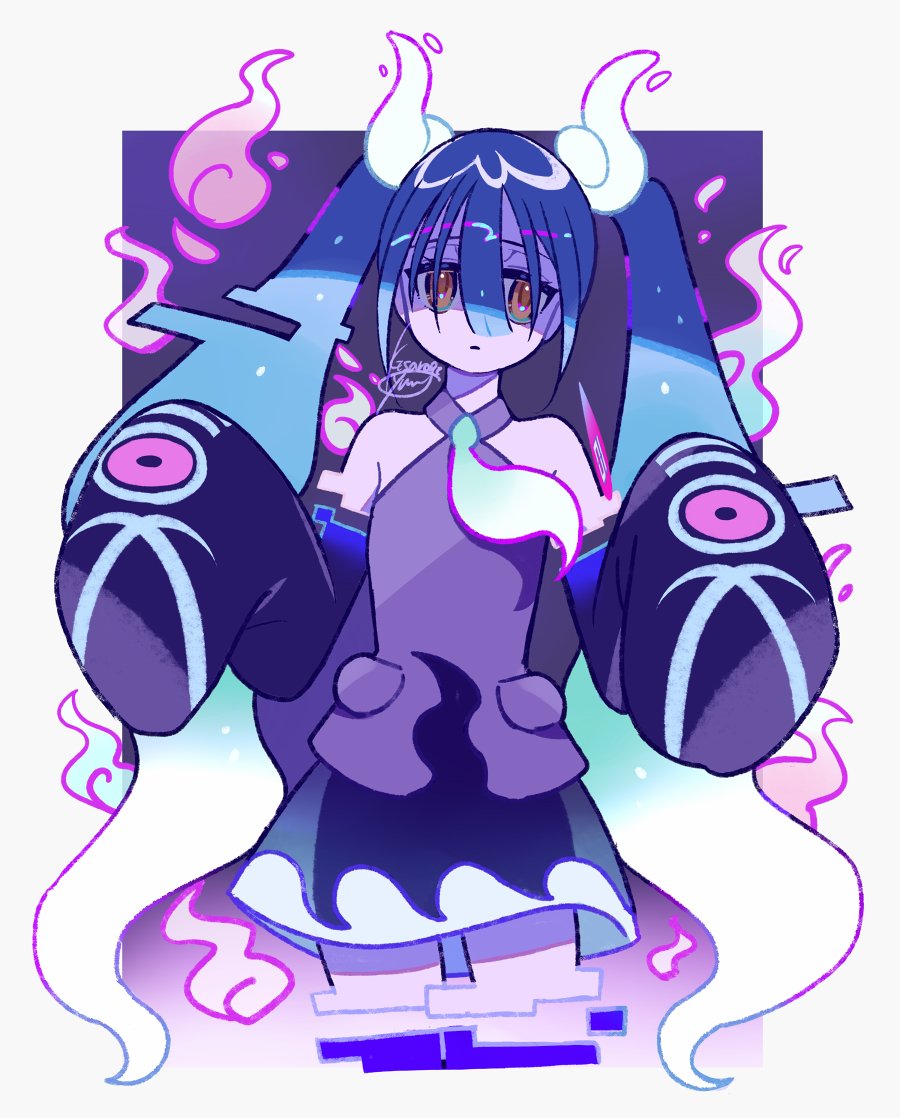 1girl aqua_hair bare_shoulders black_sleeves black_thighhighs commentary detached_arm detached_legs detached_sleeves eyes_visible_through_hair ghost_miku_(project_voltage) hatsune_miku kisaragi_yuu_(fallen_sky) long_bangs long_hair nintendo pokemon project_voltage sleeves_past_fingers sleeves_past_wrists solo thighhighs twintails very_long_hair vocaloid yellow_eyes