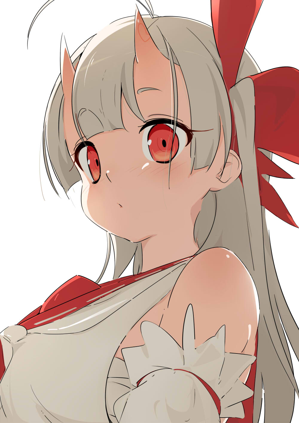 1girl ahoge bare_shoulders blush expressionless highres horns long_hair looking_at_viewer oni original red_eyes sailor_collar simple_background sketch solo takakura upper_body white_background white_hair