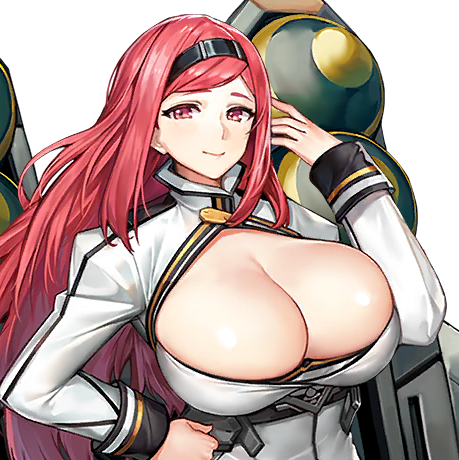 1girl adjusting_hair black_hairband breasts bursting_breasts cleavage cleavage_cutout closed_mouth clothing_cutout female_focus game_cg hairband hand_on_own_hip high_collar huge_breasts jam_(nandade) last_origin long_hair long_sleeves looking_at_viewer military_uniform missile official_art red_eyes red_hair shiny_skin skindentation smile strato_angel_(last_origin) transparent_background upper_body