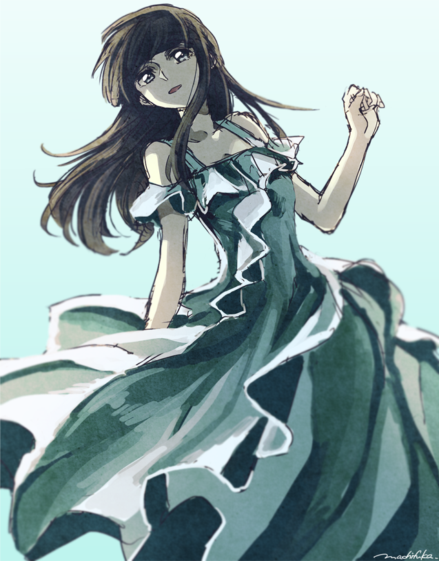 10s 1girl bare_shoulders black_eyes black_hair blue_dress breasts cleavage dress female_focus frilled_dress frills hazama_shouko hime_cut long_hair machi_fuka signature sketch smile solo soukyuu_no_fafner