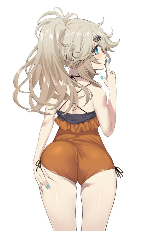 1girl ass ass_focus back blue_eyes blue_nails blush from_behind hand_on_own_ass kasukabe_tsumugi legs long_hair looking_at_viewer nail_polish smile solo standing swimsuit thigh_gap thighs voicevox white_background white_hair yappen