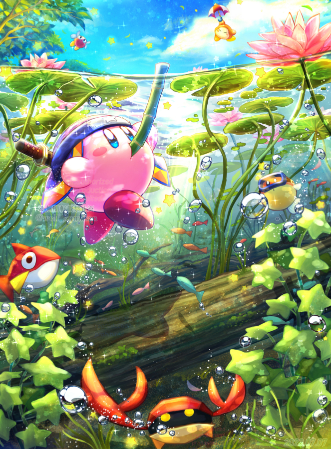 air_bubble blipper blue_sky blush_stickers bronto_burt bubble colored_skin commentary_request copy_ability crab fish flopper_(kirby) flower goggles kany_(kirby) kirby kirby_(series) kumaoka_pon lily_pad nintendo no_humans parasol pink_skin sky solid_oval_eyes sparkle star_(symbol) sword tree umbrella underwater waddle_dee water_lily_flower watermark weapon weapon_on_back wings yellow_eyes