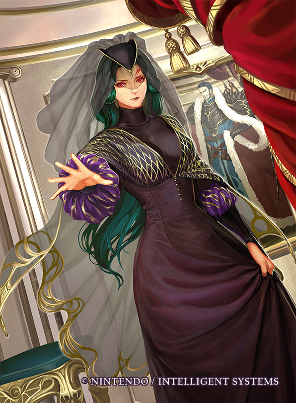 1girl almedha_(fire_emblem) armor ashnard_(fire_emblem) bedroom black_armor black_dress black_veil blue_hair breasts cape capelet cleavage dress fire_emblem fire_emblem:_radiant_dawn fire_emblem_cipher fur-trimmed_cape fur_trim green_hair hat long_hair moyatarou nintendo official_art painting_(action) puffy_sleeves red_eyes spiked_armor stool tattoo veil
